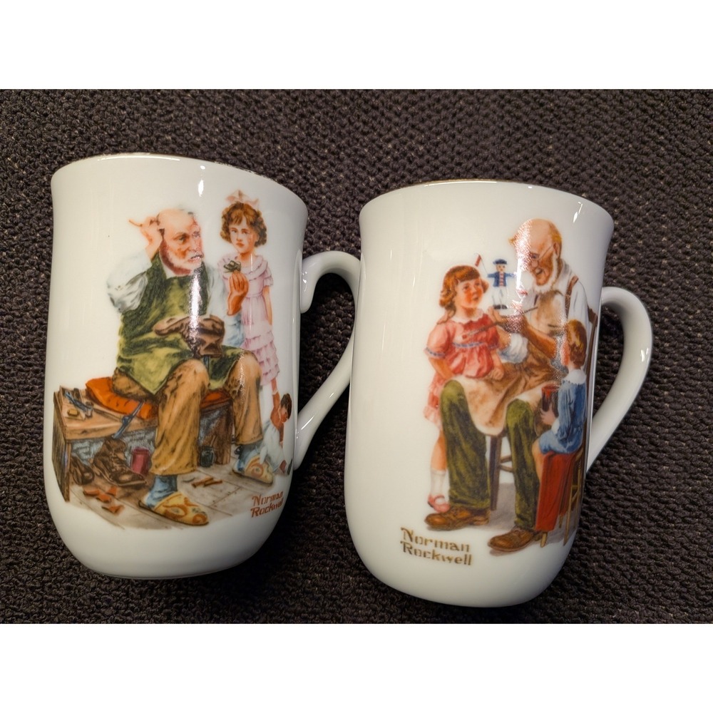 1982 Norman Rockwell Museum Mugs Set The Cobbler The Toymaker Porcelain